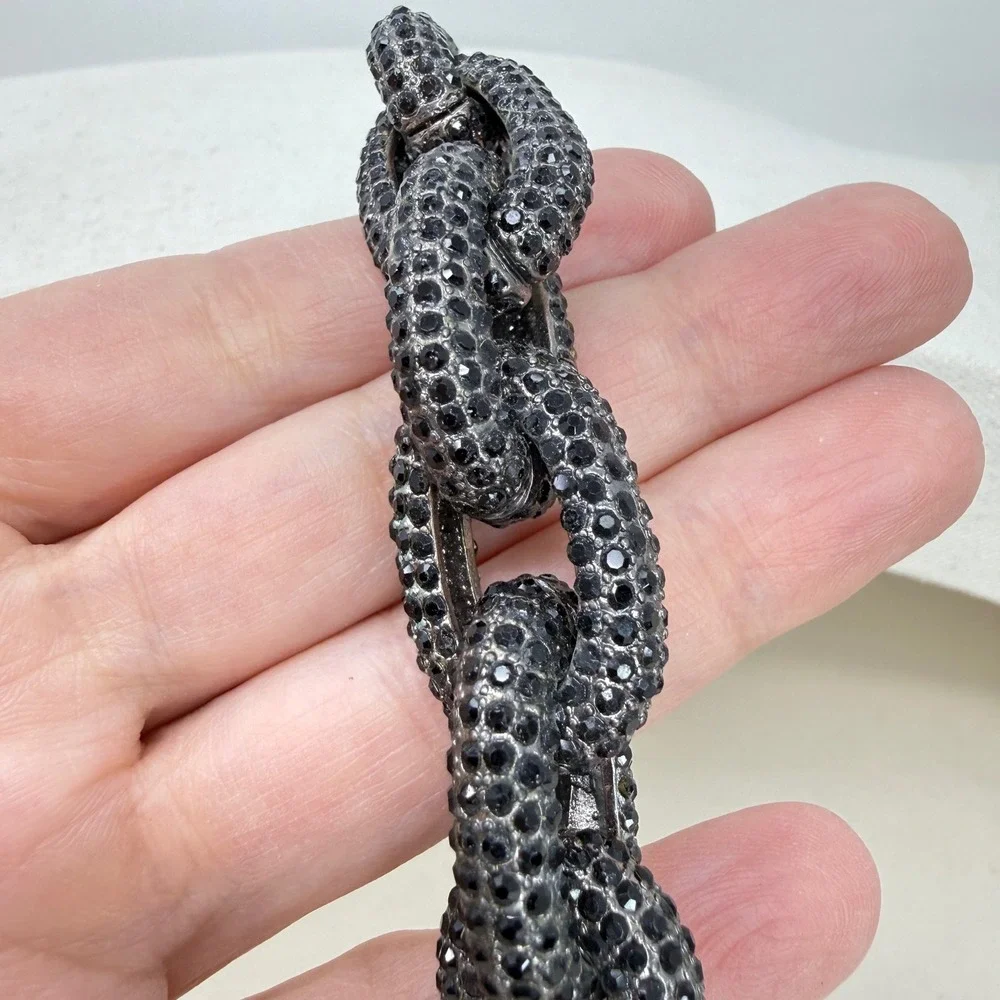 Chunky Link Bracelet Black Rhinestone Silver Tone Statement Bold‎ Sparkle
